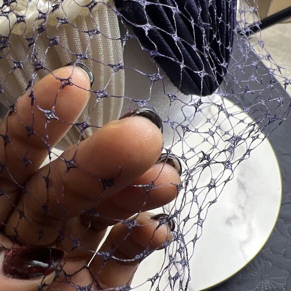 Penney’s Vintage Handmade Black Fabric Petal Hat Navy Blue Lace Netted Veil:Used
